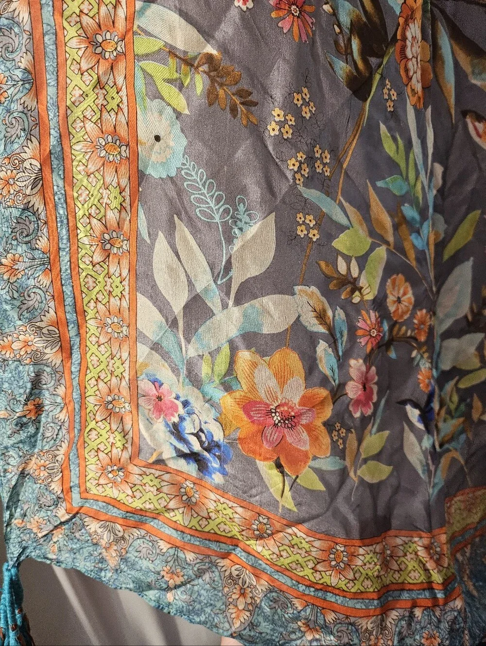 *Johnny Was Silk Square Scarf Floral Botanical Bird Print with Corner Tassels